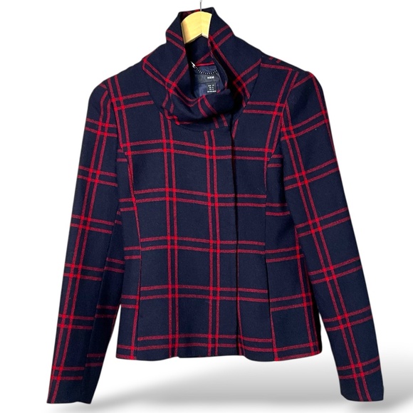 H&M Wool Blend Plaid Navy and Red Funnel Neck Blazer Snap Closure Belt Loops 4 - Picture 1 of 11